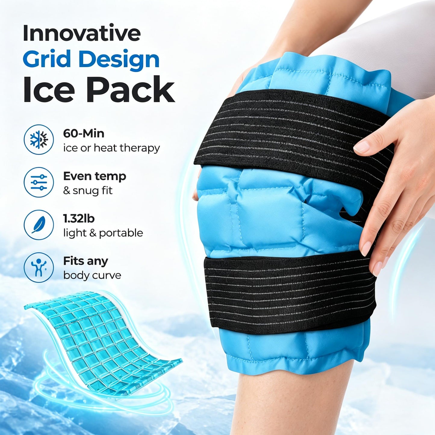 WORLD-BIO Ice Packs for Injuries Reusable, Knee Ice Pack Wrap with Straps, Gel Ice Wrap for Leg Pain Relief, Hot & Cold Compress Therap for Swelling, Arthritis, Sports Injuries, Light Blue, 1Pack