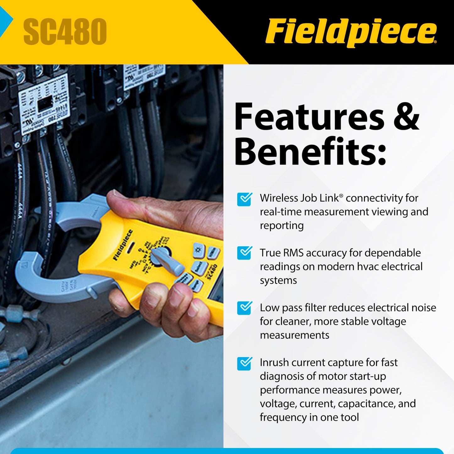 Fieldpiece SC480 Wireless Power Clamp Meter - True RMS HVACR Multimeter w/Job Link App Connectivity - Inrush Current, 3-Phase Testing, Low Pass Filter, CAT IV 600V - HVAC Tools