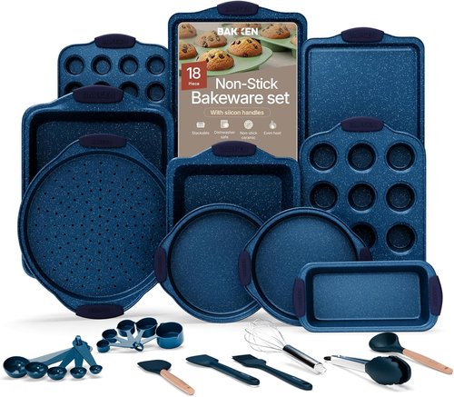 BAKKEN Nonstick Baking Pan Set - Carbon Steel Bakeware with Blue Silicone Handles | Oven Safe Up to 450°F, 18-Piece Set