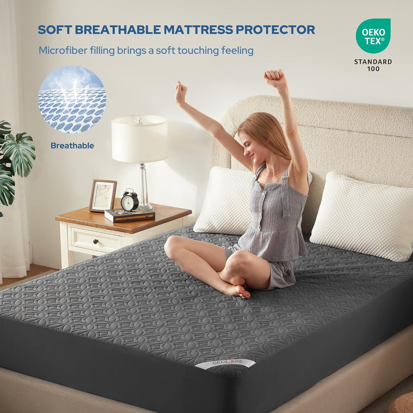 BEDLORE Waterproof Mattress Protector - California King Size, Soft Noiseless Cover for 6"-18" Depth, Washable (Gray)