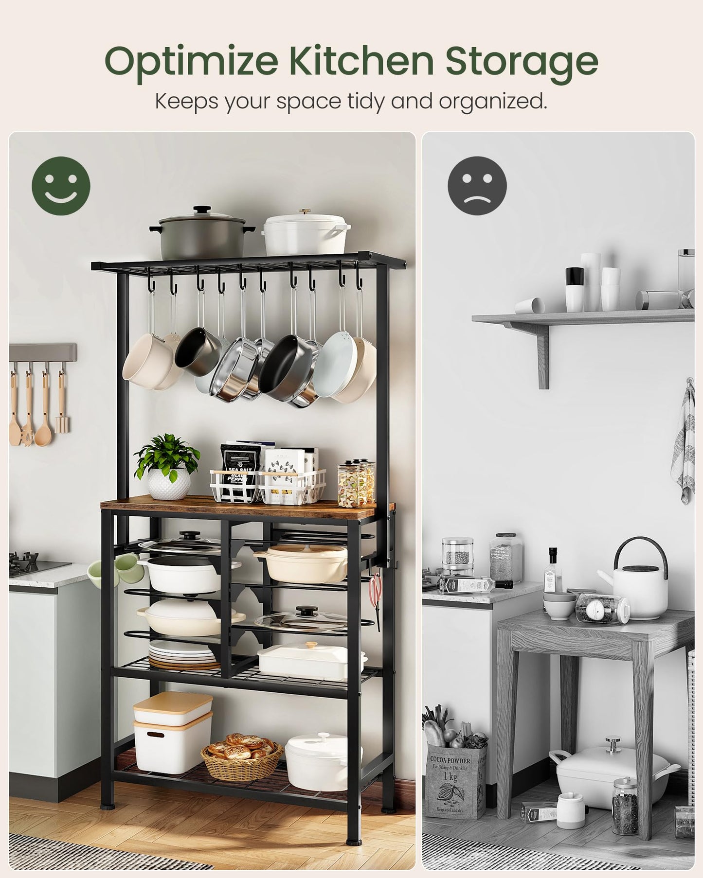 CHOEZON Pots and Pans Organizer Rack, Kitchen Bakers Rack, Multi-Tier Storage Shelf, Kitchen Island Table, Cooking Rack with Pots and Pans Storage, Rustic Brown and Black TPR60BF