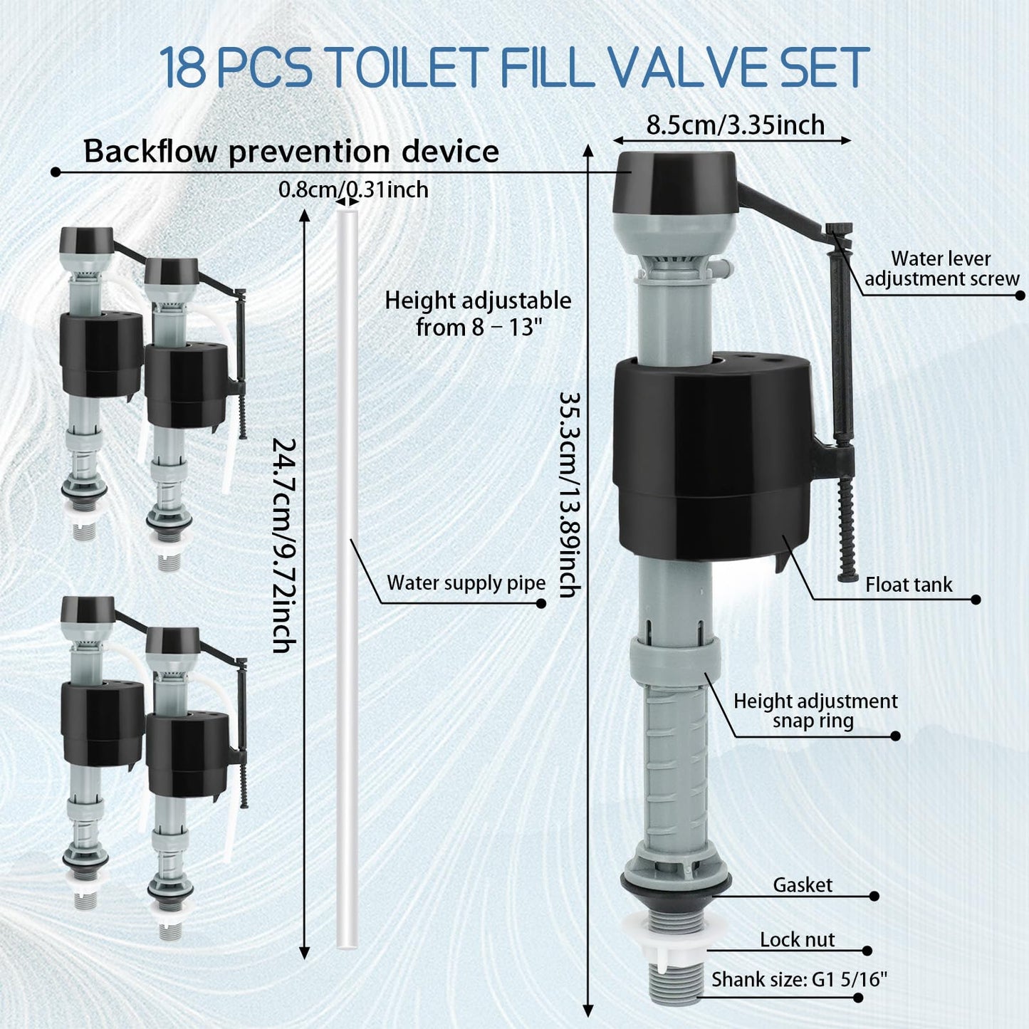 PEDOBALI 18 Pcs Toilet Fill Valve Leak Resistant Easy Install Fill Valve Repair Kit Height Adjustable Universal Toilet Tank Flusher Replacement Kit for Bowl and Tank Water Control