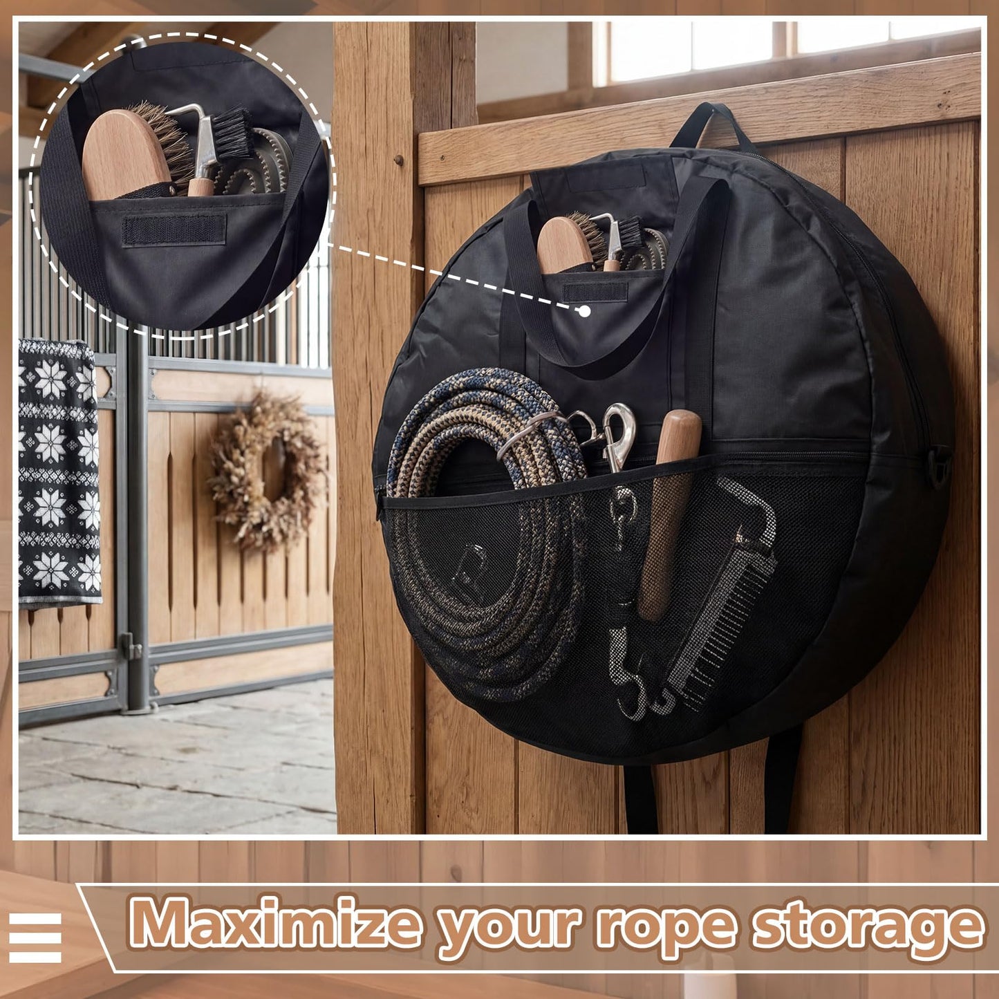 Shinylin 21 x 8 Inch Double Rope Bag with Strap for Trail and Working, Adjustable Strap Round Carry Bag for Roping Equipment Equestrian Accessories
