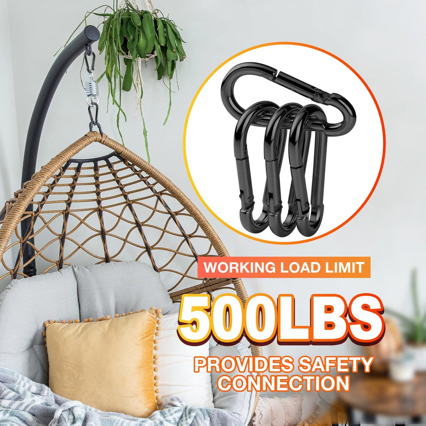50Pack Carabiner Clips Heavy Duty, 3.2” Large Spring Snap Hooks Bulk, Galvanized Black Carabiners for Camping, Solid Spring Clips for Home Gym Hanging Hammocks Swing Hiking-500lbs Holding Capacity