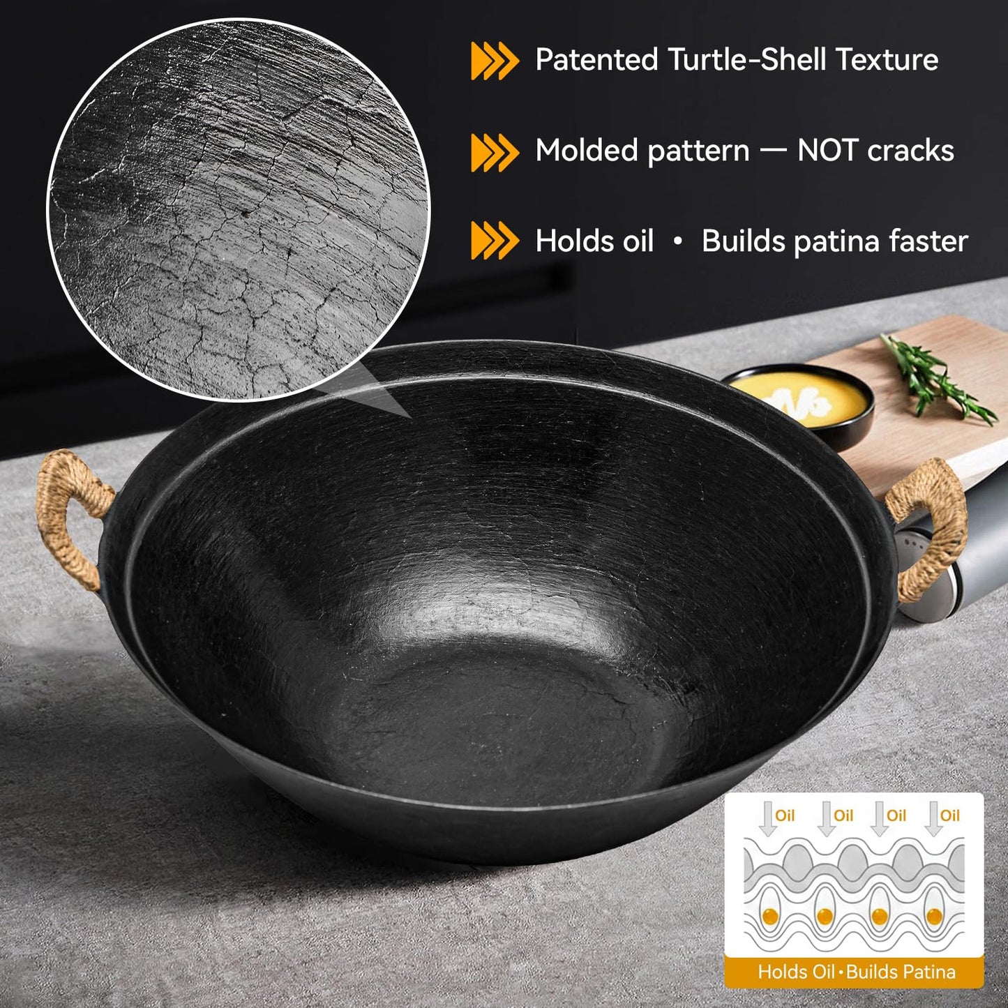 WANGYUANJI Cast Iron Wok Pan 14.9 inch Large SUGUO Wok Stir Fry Pan Flat Bottom with Dual Handle and Wooden Lid, Suitable for All Cooktops, Uncoated Chinese Traditional Wok