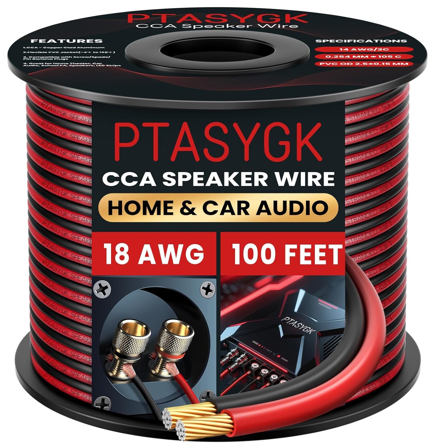 18 100 2 1FT Gauge Speaker Wire Feet - Conductor CCA Clear Audio Speaker Cable for Home Theater & Car Stereo