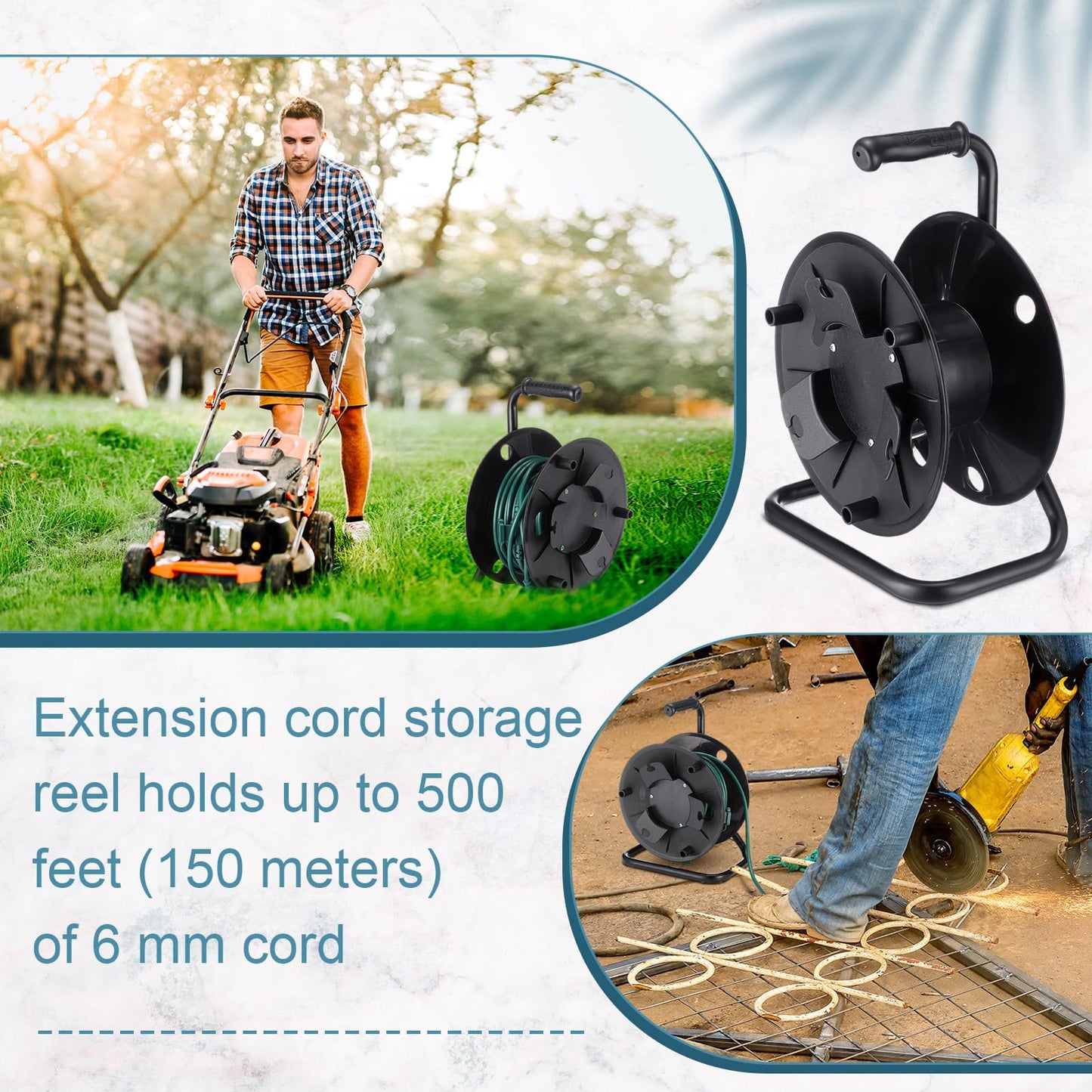 Yaocom Extension Cord Storage Reel with Metal Stand Black Cable Reel Holds up 500 Feet of 6 mm Cable/Cord/Hose Heavy Duty Open Roller Holder, Easy to Grip Handles