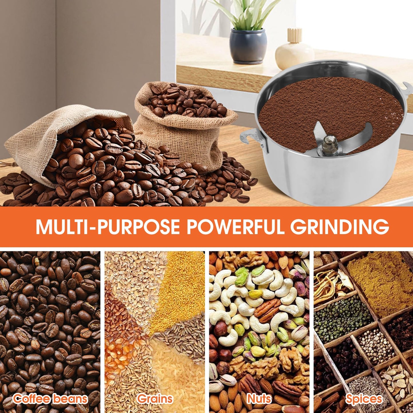 1000g Commercial Grain Grinder - 3000W Heavy-Duty Electric Mill for Coffee, Spices, Nuts & Grains | 32000 RPM | Industrial Stainless Steel | 5 Blades System | for Home & Restaurant Use