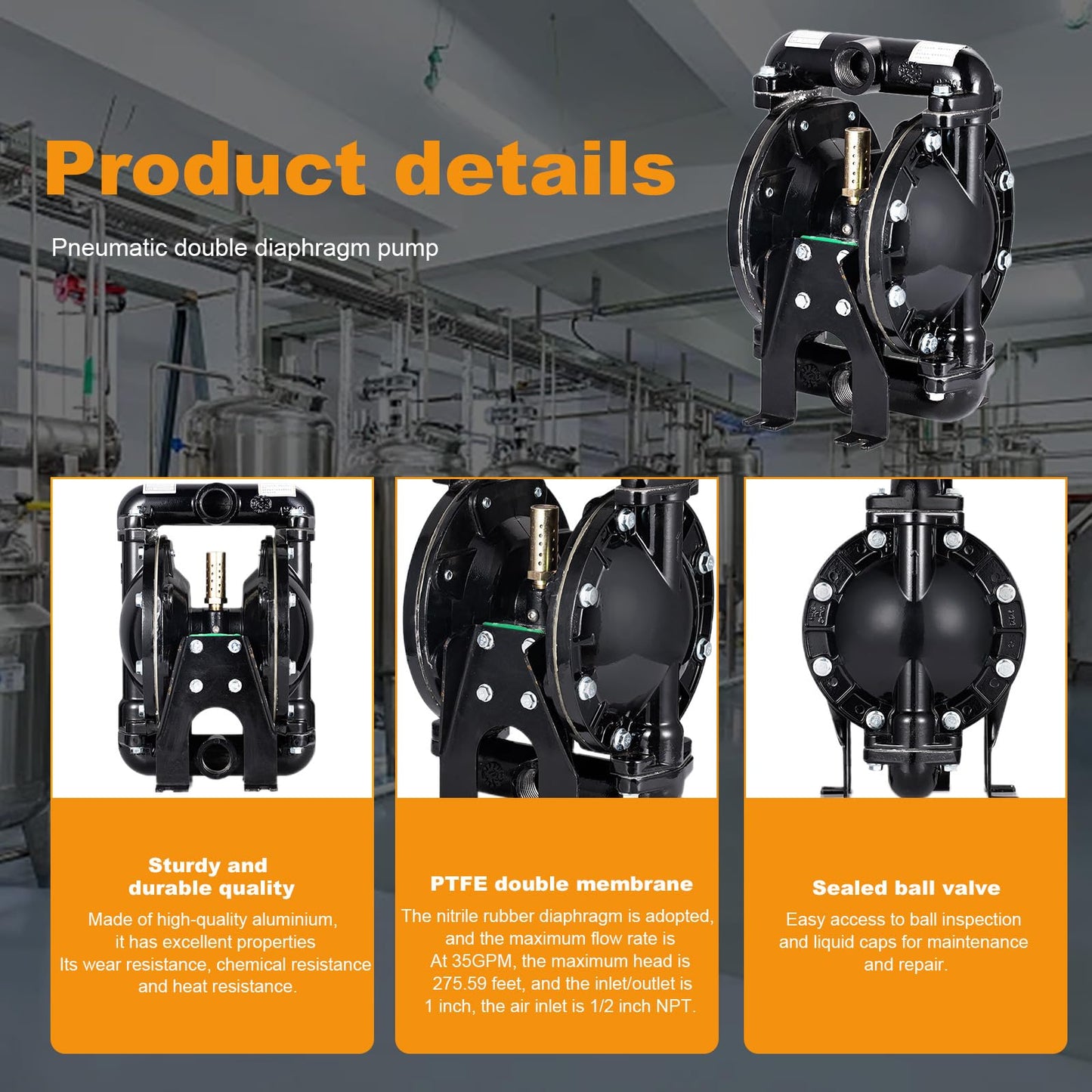 Cozyel Air-Operated Diaphragm Pump Double Diaphragm Pump 1 inch Inlet & Outlet, Dual Diaphragm Air Pump Aluminum 35 GPM Max 120PSI, Nitrile Diaphragm, QBY4-25L