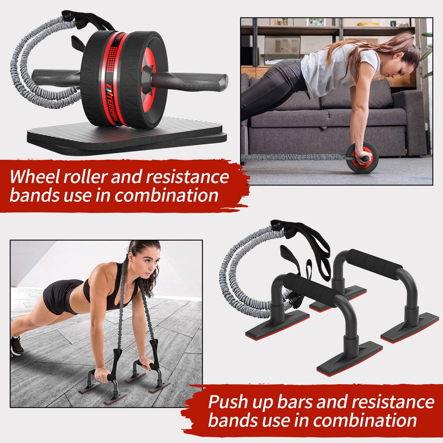 EnterSports AB Wheel Roller, 6-in-1 Exercise Roller Wheel Kit with Knee Pad, Resistance Bands, Pad Push Up Bars Handles Grips, Perfect Home Gym Equipment for Men Women Abdominal Roller (Red)