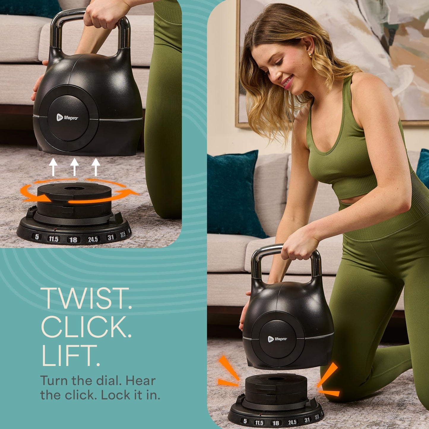 LifePro 7-in-1 Adjustable Kettlebell, 5-44 LB – PowerStone Boulder, Die-Cast Aluminum & Steel, Space-Saving Set with Handle-Twist Adjustment – Strength Training Kettlebell with Storage Base