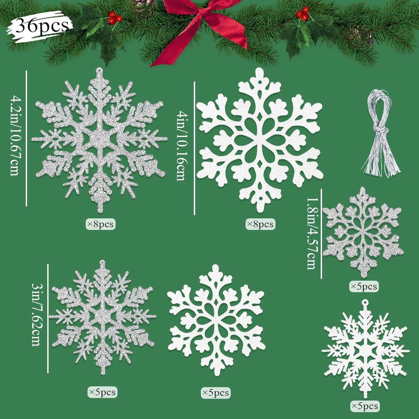 Skiennix Christmas Snowflake Ornaments - 36Pcs Glittering Plastic Hanging Decor for Winter Wonderland