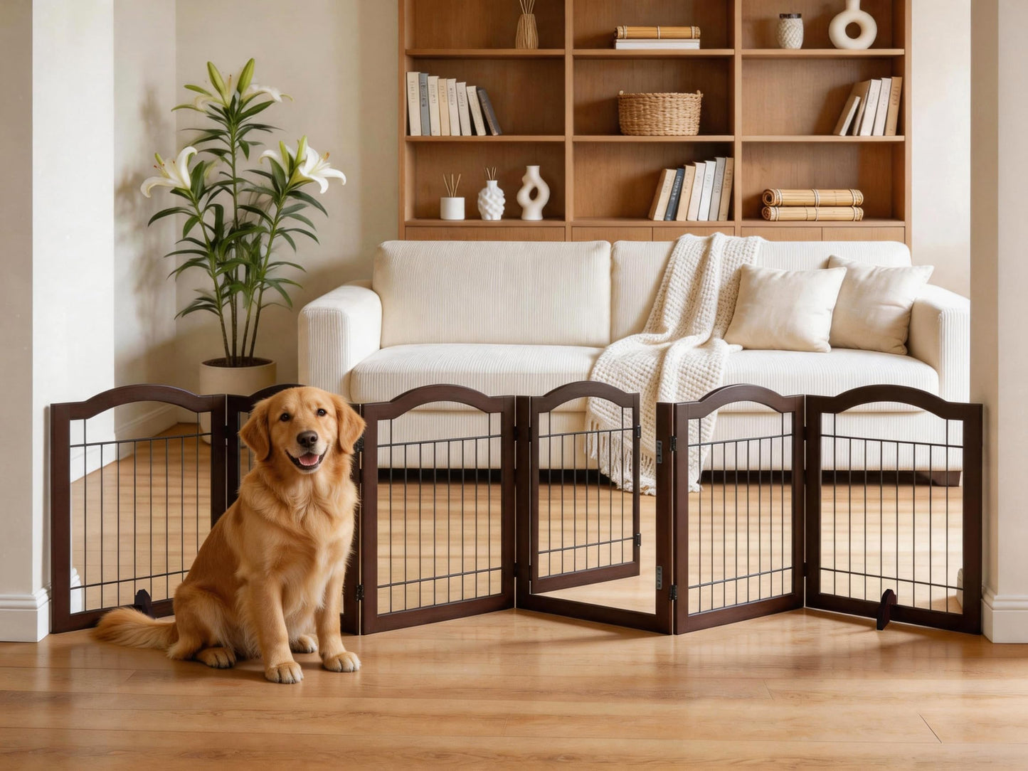 Vantas Espresso Wooden Folding Dog Gate 144" Wide x 30" Tall with Door, Freestanding Pet Gate, Pet Puppy Safety Fence