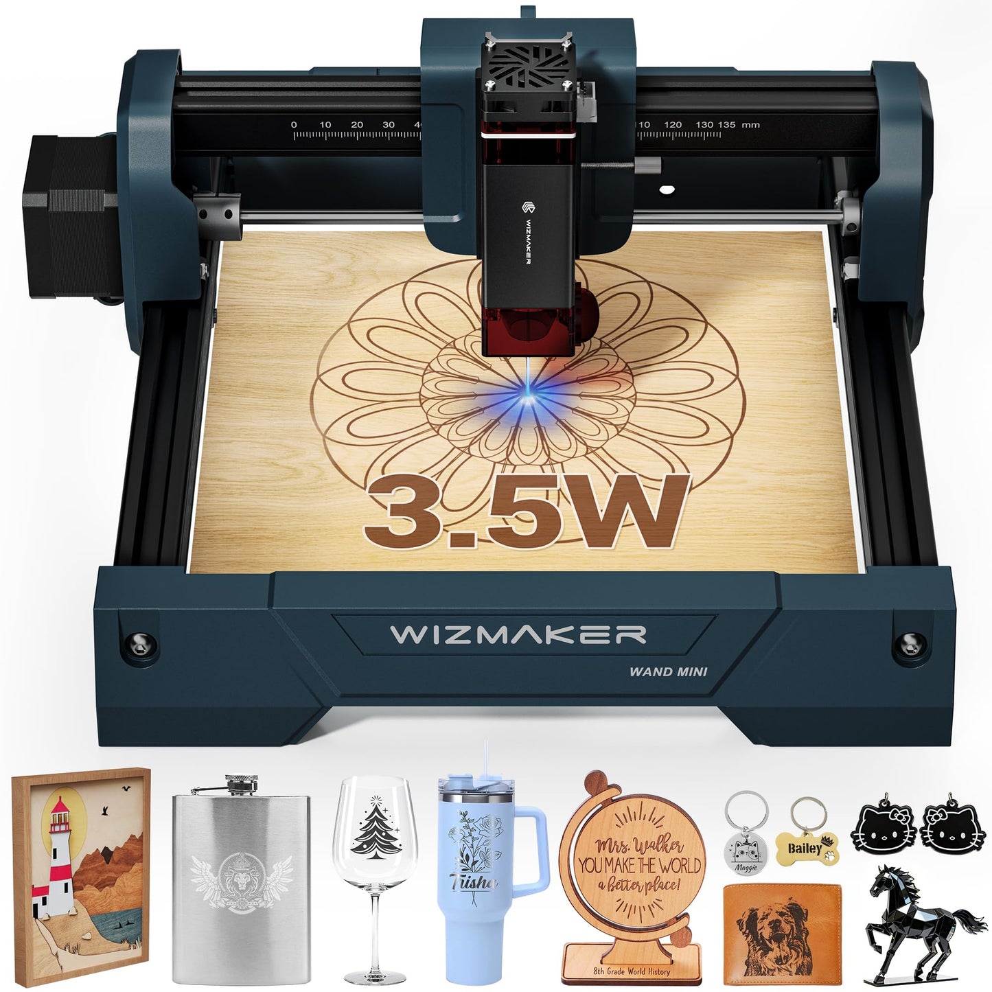WIZMAKER Wand MINI 3.5W Laser Engraver, Beginner DIY Wood, Leather, Paper, MDF, Acrylic Engraving Machine, 135×145mm, WiFi/USB/Hotspot, LaserGRBL 3500mW