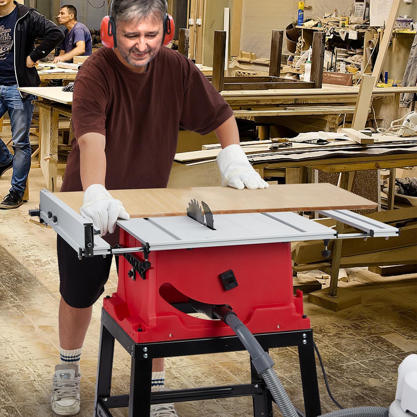 Table Saw, 10 Inch 15A Multifunctional Saw With Stand & Push Stick, 90° Cross Cut & 0-45° Bevel Cut, 5000RPM, Adjustable Blade Height for Woodworking, Red