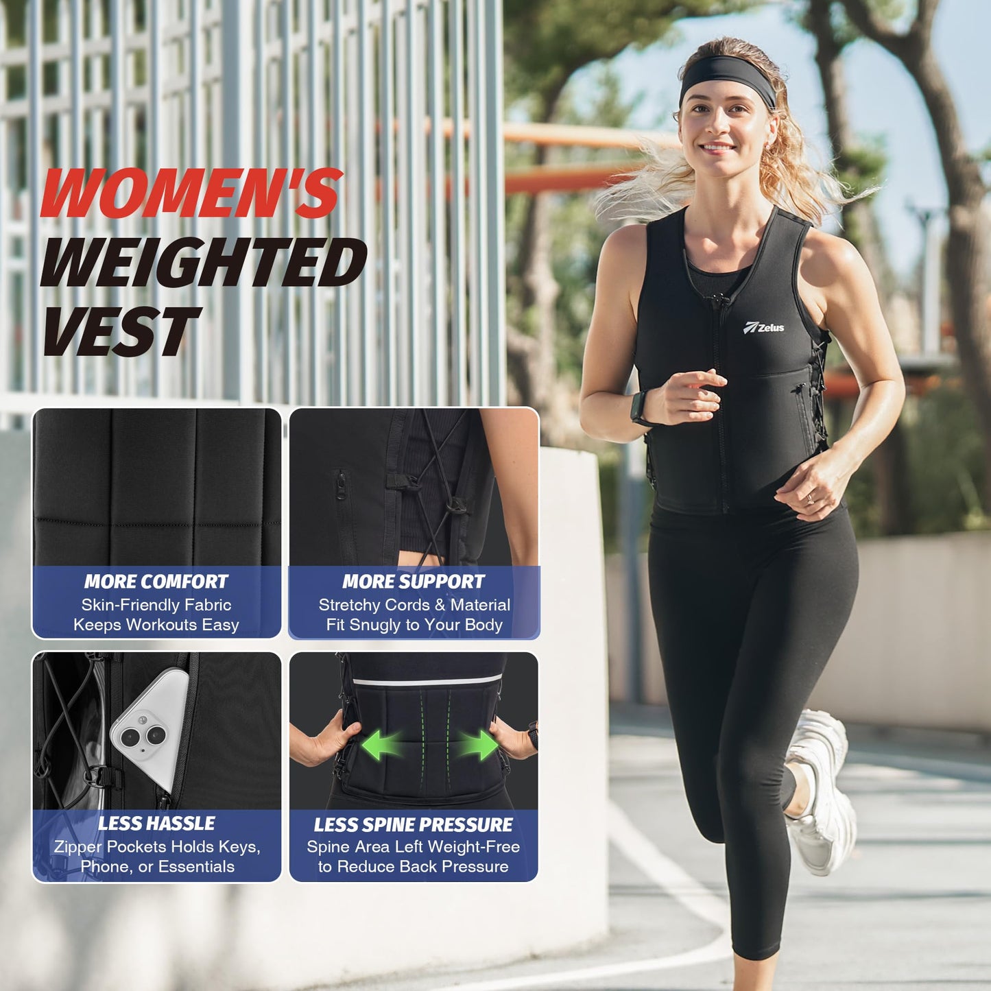 ZELUS Weighted Vest Woman, Adjustable Weighted Vest 1-10lb/ 1-15lb with Removable Z-Fit Soft Iron Weights, for Weight Loss Running Walking Rucking Strength Training, Reflective & Pocket Design