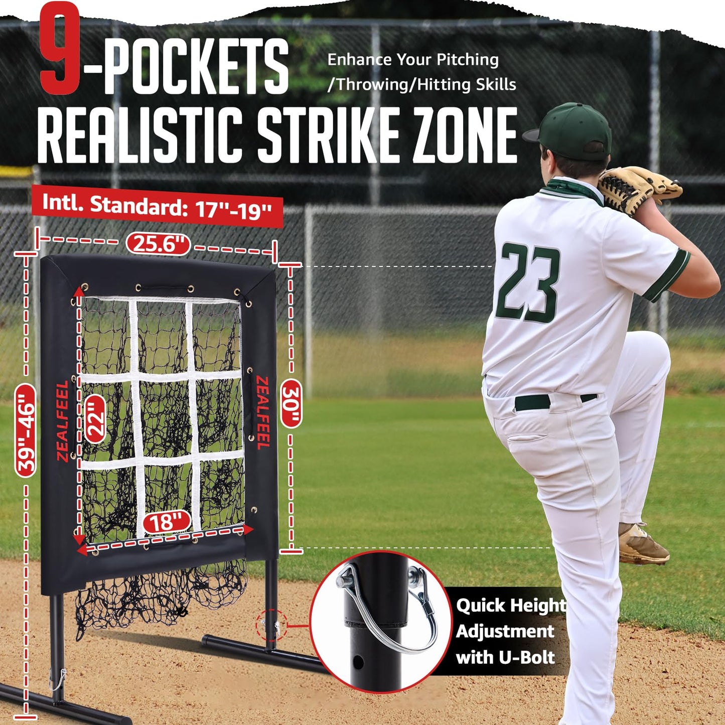 ZEALFEEL Baseball Pitching Net, 9 Hole Pitching Target Net with Strike Zone, 5 Height Adjustable Throwing Trainer, Heavy Duty Baseball Softball Net with Carry Bag for Solo Practice