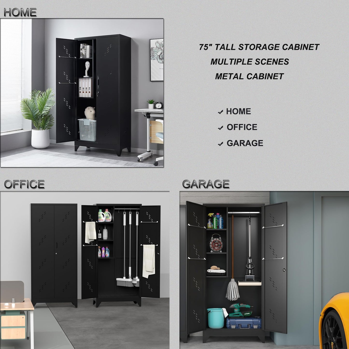 ZONLESON Metal Storage Cabinet, 75" Tall Garage Storage, Utility Cabinet for Brooms and Mops, Metal Locker with Hanging Rod for Garage, Home, Office, Laundry Room, School, Gym, Warehouses, Black