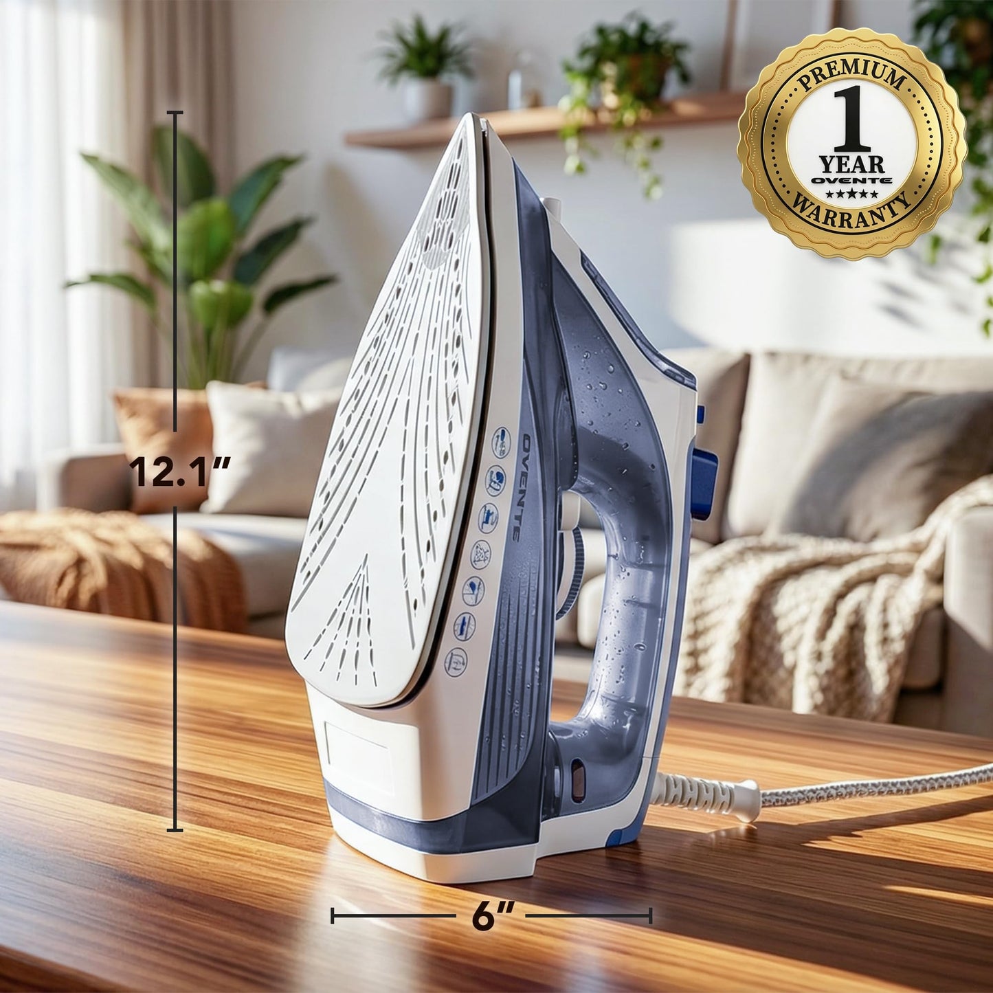 OVENTE Steam Iron for Clothes, 1200W Flat Iron with Non-Stick Ceramic Soleplate, Precise Thermostat Dial, Auto Shutoff, Self-Cleaning, Anti-Drip & 11.83oz Water Tank for Ironing Fabrics, Blue IRNL77BL