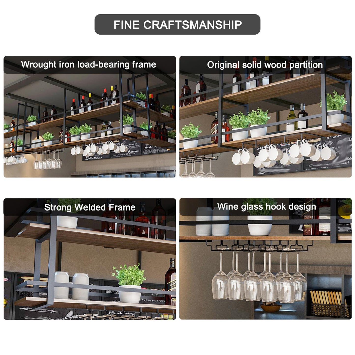 Ceiling Wine Glass Rack - 39.3in Hanging Wine Rack with Glass Holder and Shelf, 2 Layer Industrial Hanging Wine Bottle Holder, Black Metal Ceiling Shelf for Bar Cafe Kitchen (Black, 39.3×11.8×31.4in)