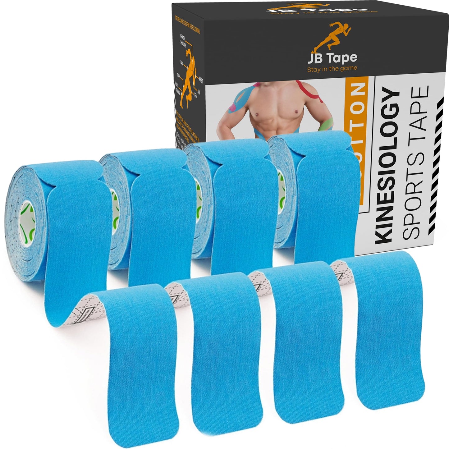 JB Tape Kinesiology Tape – 80 Precut 10-Inch Strips – Blue – Elastic, Latex-Free, Water Resistant – Athletic Muscle & Joint Support – 4 Rolls