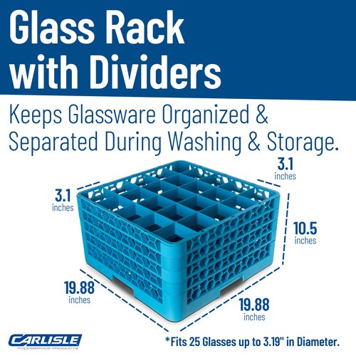 Carlisle FoodService Products RG25-414 OptiClean 25 Compartment Glass Rack with 4 Extenders, 10.3", Polypropylene, Blue