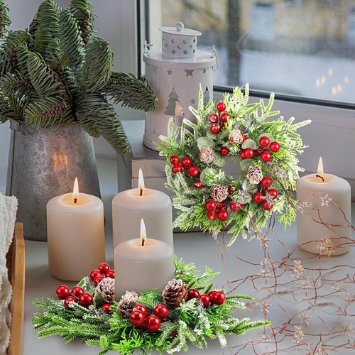 Lyrow Christmas Candle Rings - 6 Pcs Mini Wreaths with Artificial Berries & Snowy Pine | Festive Home Decor