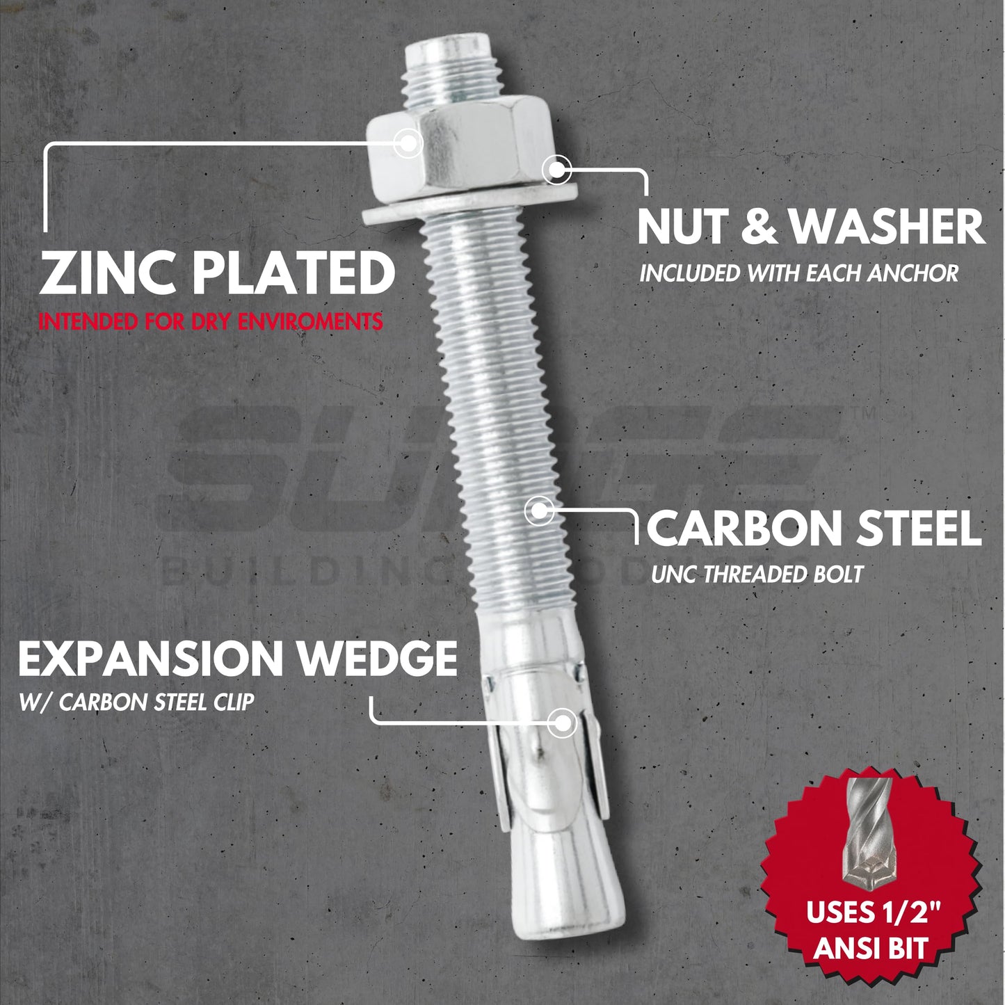 1/2" x 5-1/2" Zinc-Plated Wedge Anchors for Concrete and Cement | Heavy-Duty 1/2 Concrete Anchor Bolts (Box of 50)