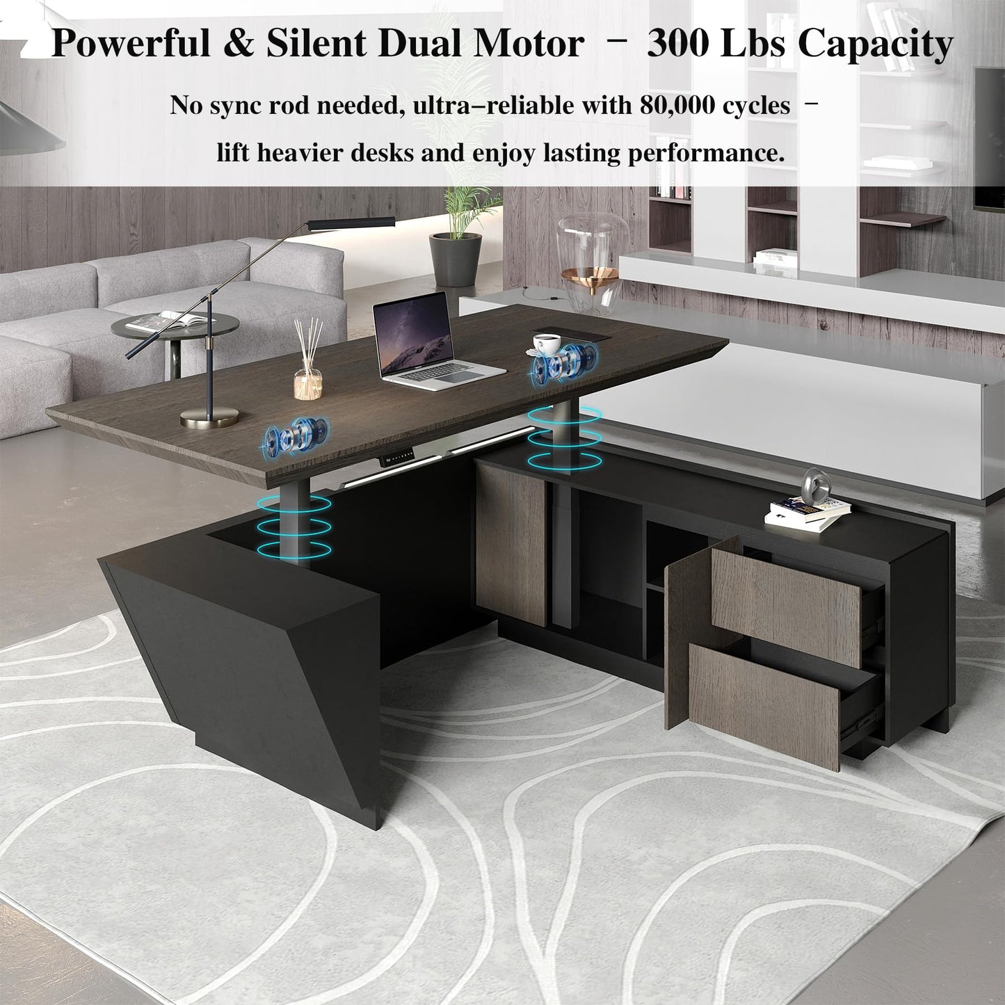 SAINTCY Adjustable Executive Desk - Luxury L Shaped Desk with Drawers, Large Table with File Cabinets, Executive Office Desks with LED Light Strip Home Office Desk for Professionals