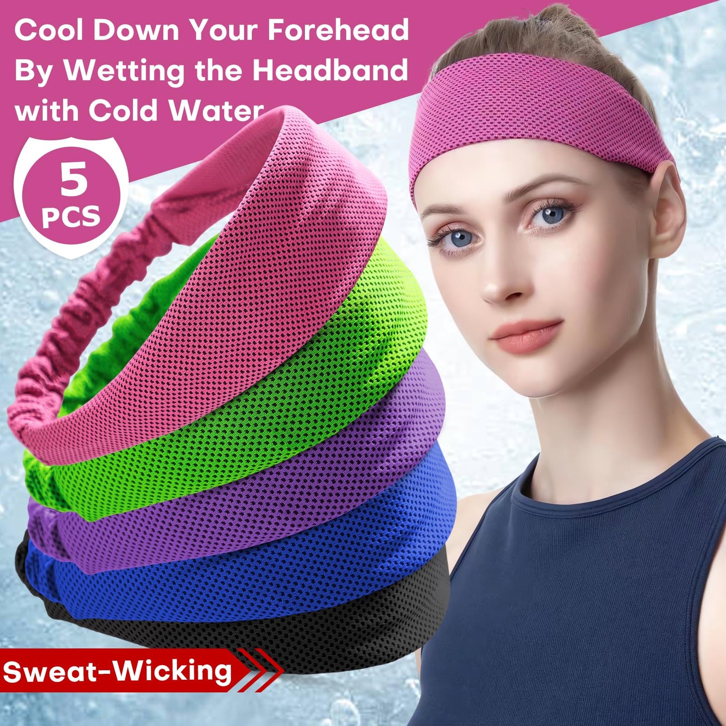 5PCS Cooling Headbands, Stretchy Cooling Sweatbands, Moisture-Wicking Sports Headbands for Women and Men Workout, Yoga, Running, Biking
