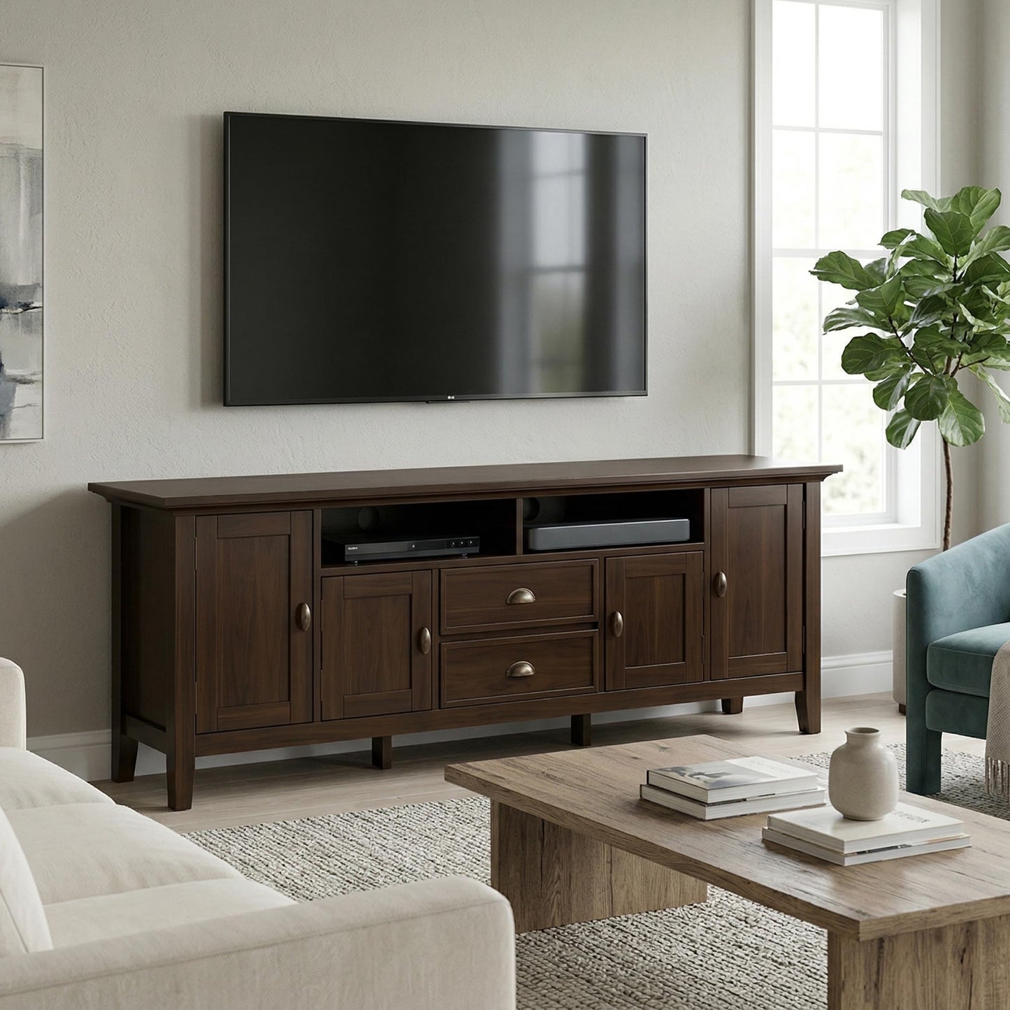 SIMPLIHOME Redmond TV Stand - 72 inch Wide Solid Wood Media Console in Brunette Brown, Transitional Entertainment Center for Living Room for TVs up to 80 Inches with Drawers and Cable Management