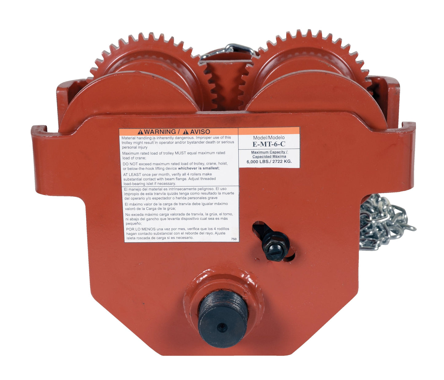 Vestil E-MT-6-C Steel Geared Eye Manual Trolley 6000 Lb. Capacity Orange