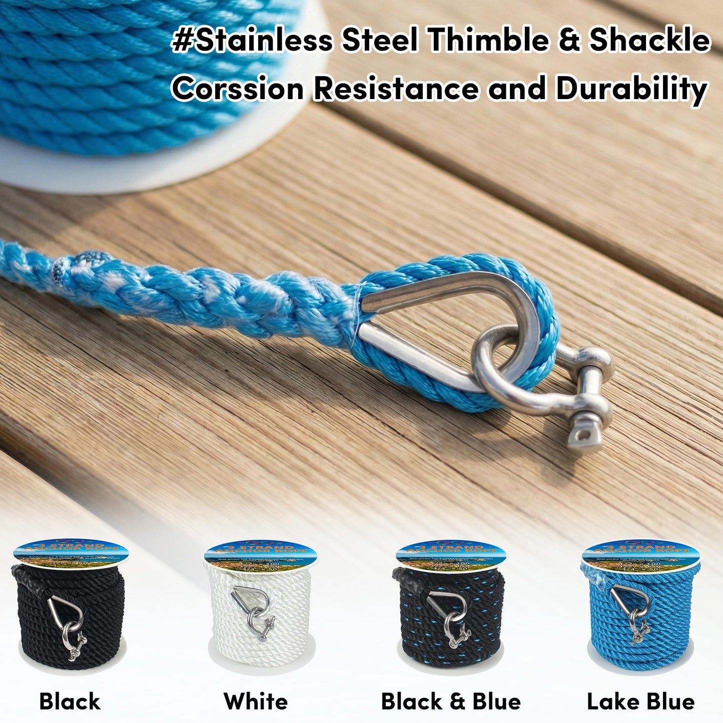 Anchor Rope 1/2 Inch 100 FT, Anchor Line 3 Strand Boat Rope with Stainless Steel Thimble & Shackle, Boat Anchor Rope Ideal for Towing Docking Mooring Boats Up to 35' - Lake Blue