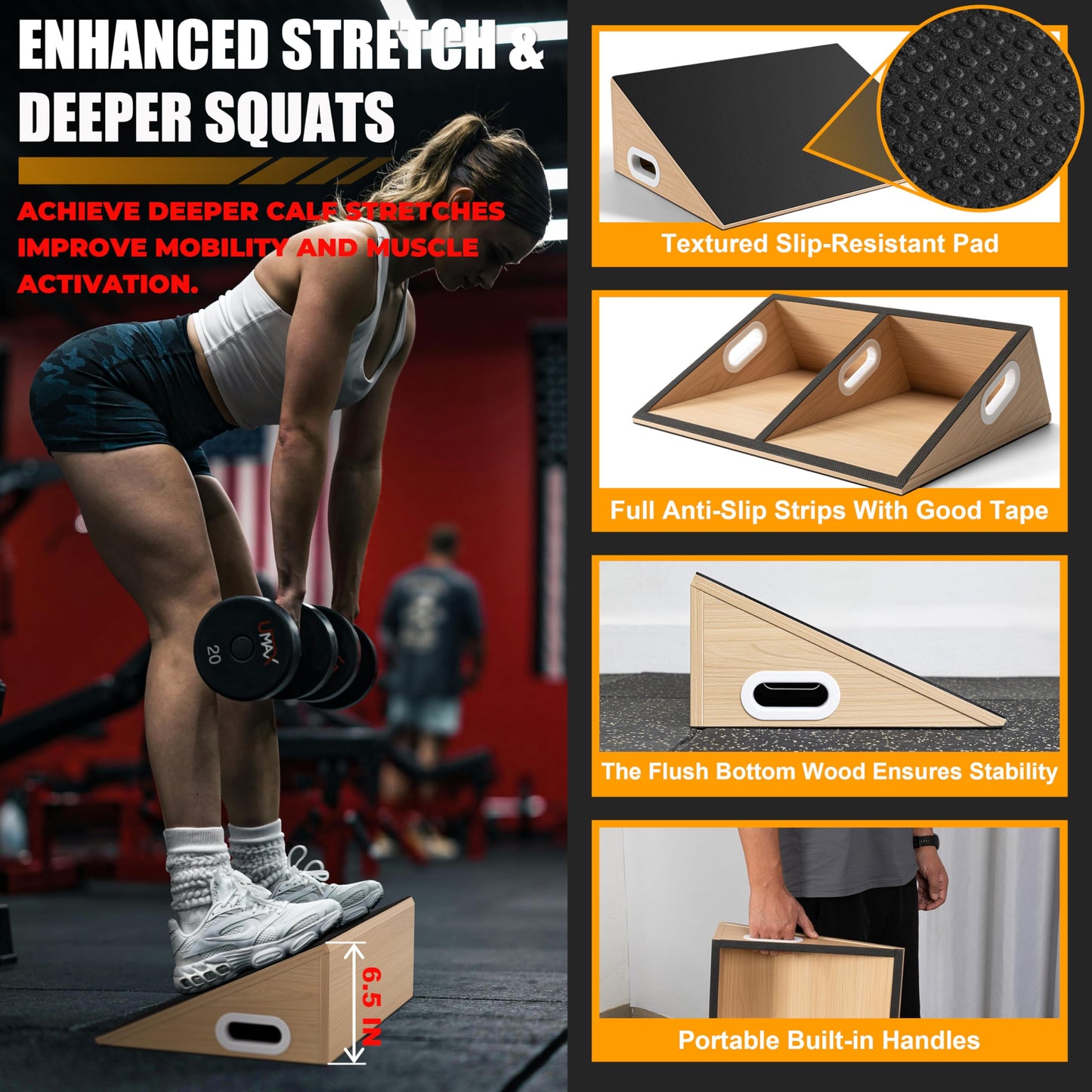 MIUONO Slant Board, 19.7" Wide Calf Stretcher Slant Board for Calf Stretching, Squats, Knees Over Toes, Weightlifting, and Fitness, 6.5” Height for Deeper Squats & More Muscle Activation