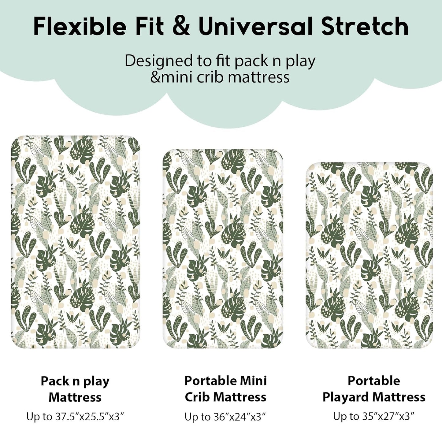 Yoofoss Fitted Pack and Play Sheets - Soft, Breathable Mini Crib Sheets 2-Pack (Green + Banana Leaves)