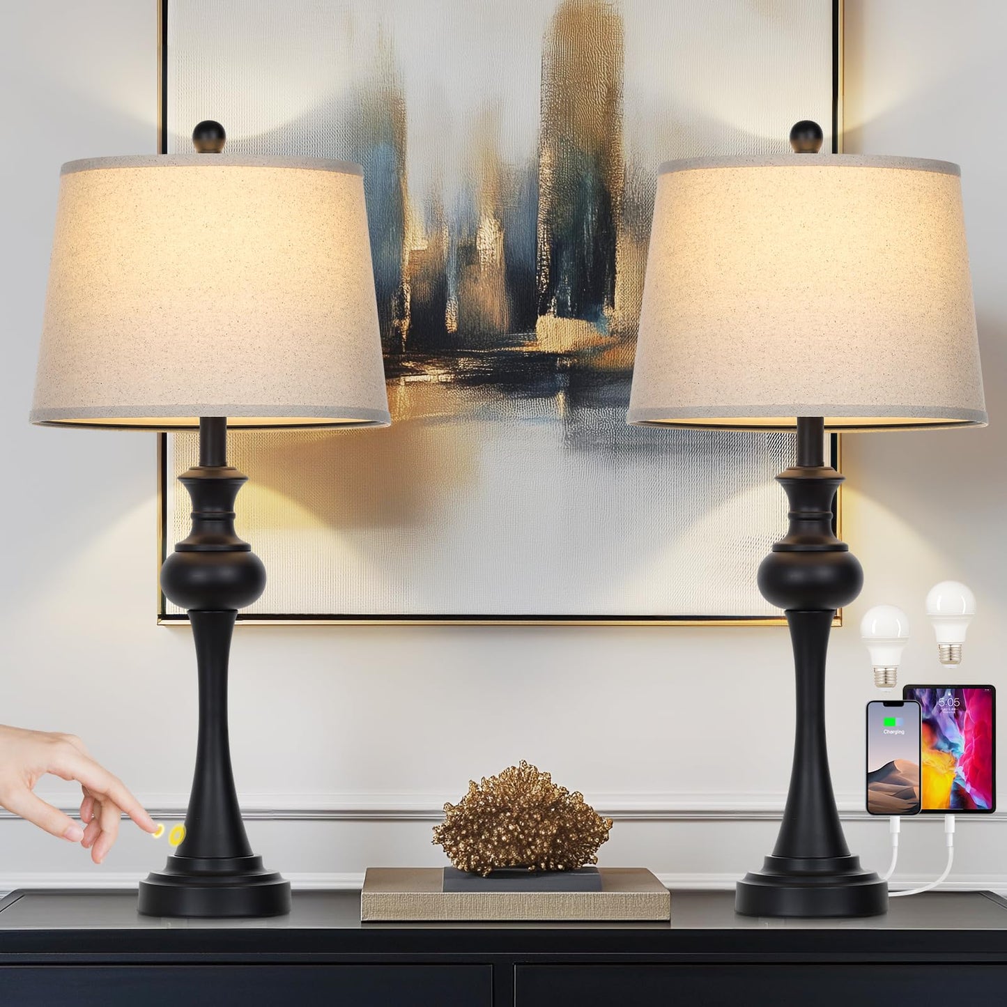 CINSARY Modern 3-Way Dimmable Table Lamp Set of 2, Black Metal with Beige Fabric Shade, USB A+C Ports, Model TD-CS-556
