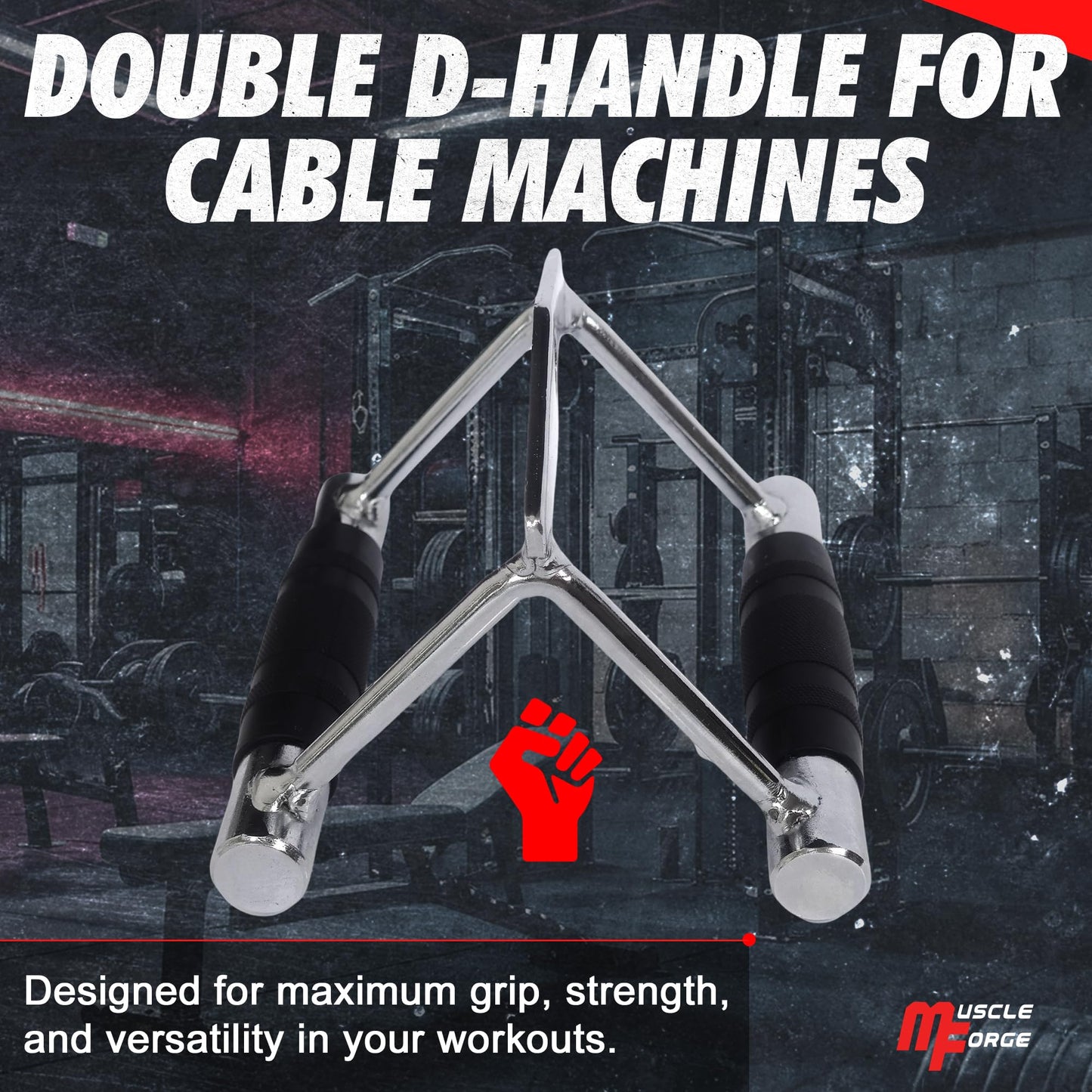 MuscleForge Double D Handle Cable Attachment – V Bar Attachment for LAT Pulldown, Tricep & Rows – Cable Machine Attachments with Non-Slip Rubber Grip – Chrome, Heavy Duty 880lbs Capacity
