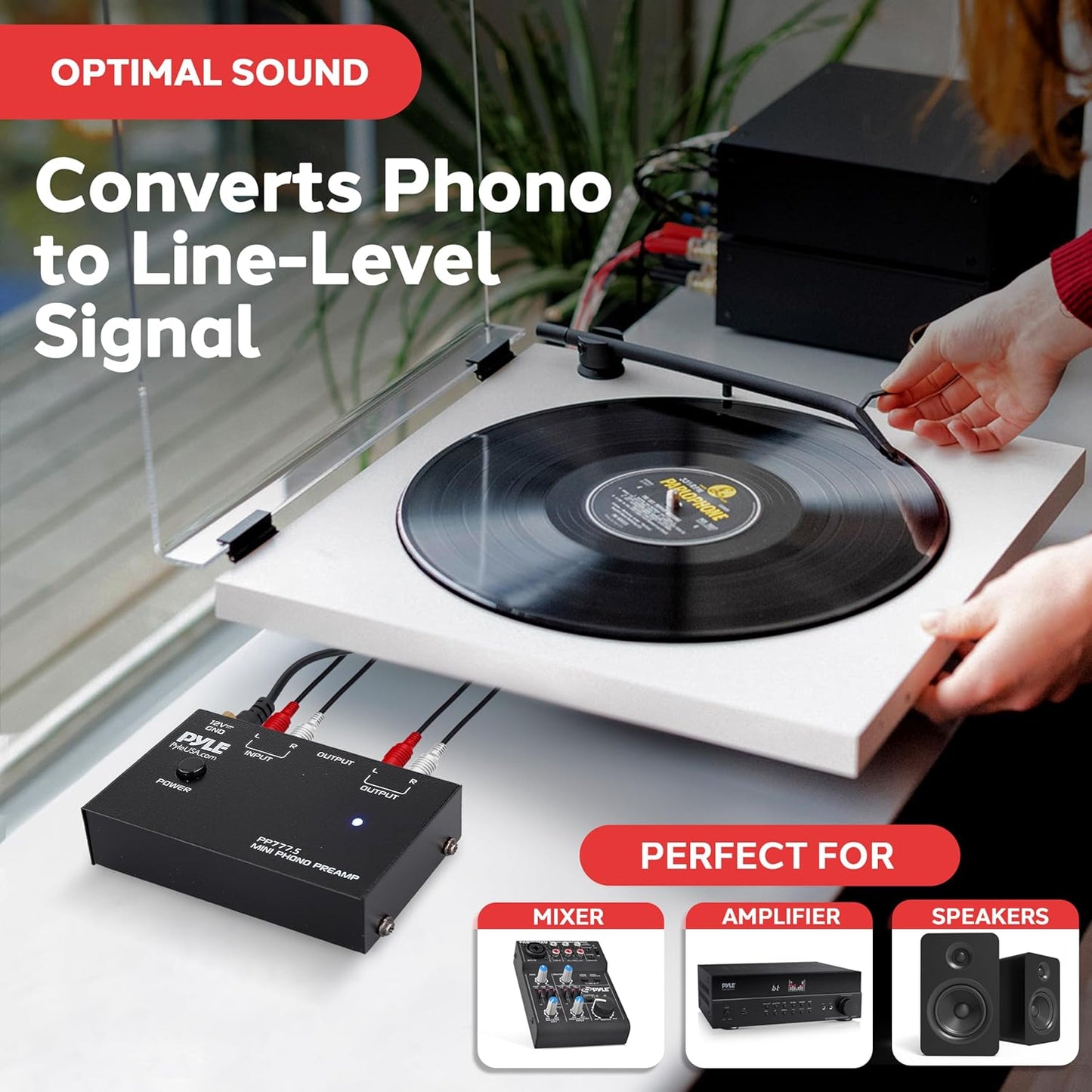 12V Pyle Phono Turntable Preamp - Mini Audio Stereo Phonograph Preamplifier with RCA Inputs & Outputs, Low Noise