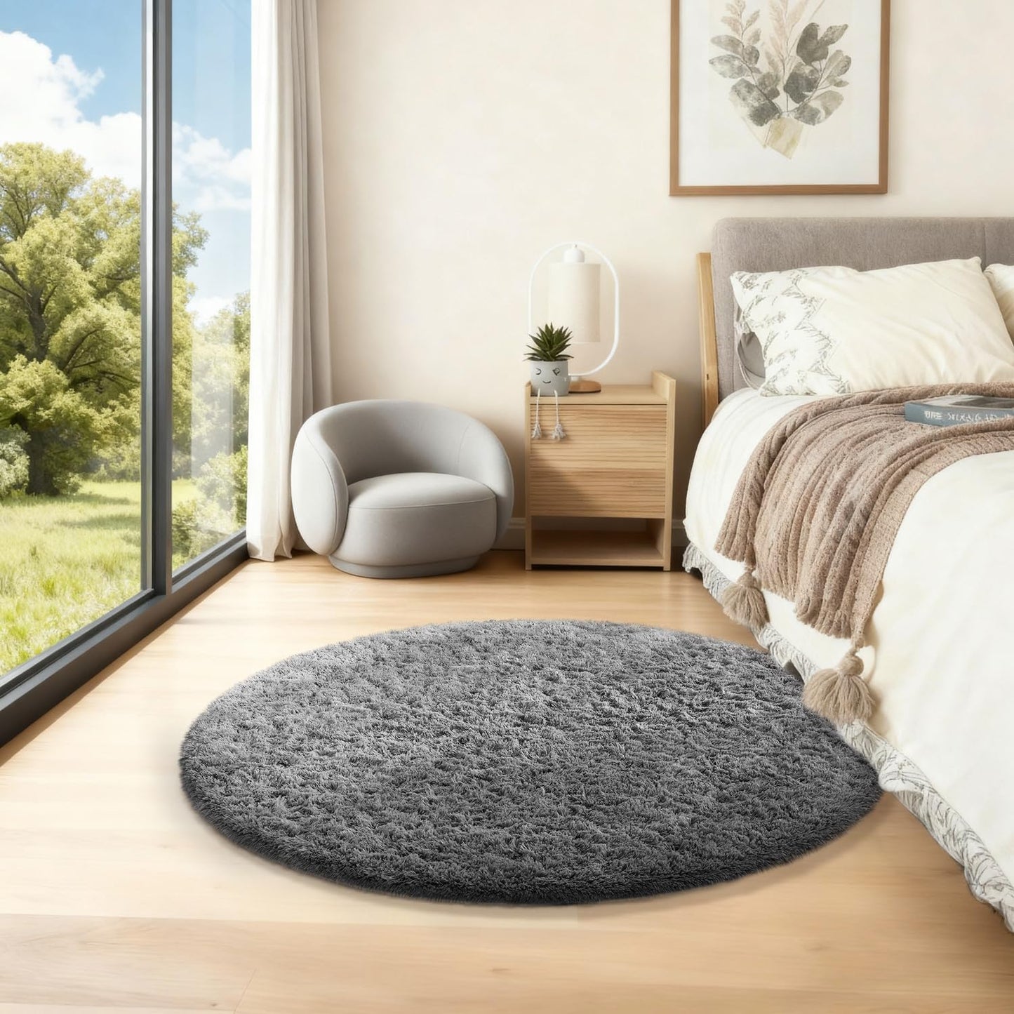 Ophanie Round Rug - 2Ft Grey Circle Area Rug | Fluffy Soft Shaggy Carpet for Kids' Rooms & Nursery