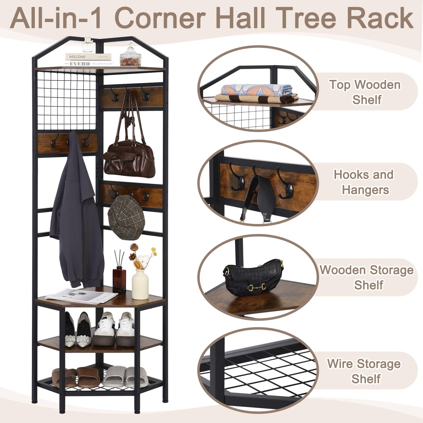 SIMHOMSTOR Heavy Duty Corner Hall Tree Organizer, 3-in-1 Industrial Freestanding Coat Storage Rack with Hooks and 4 Wooden Shelves for Entryway, Black