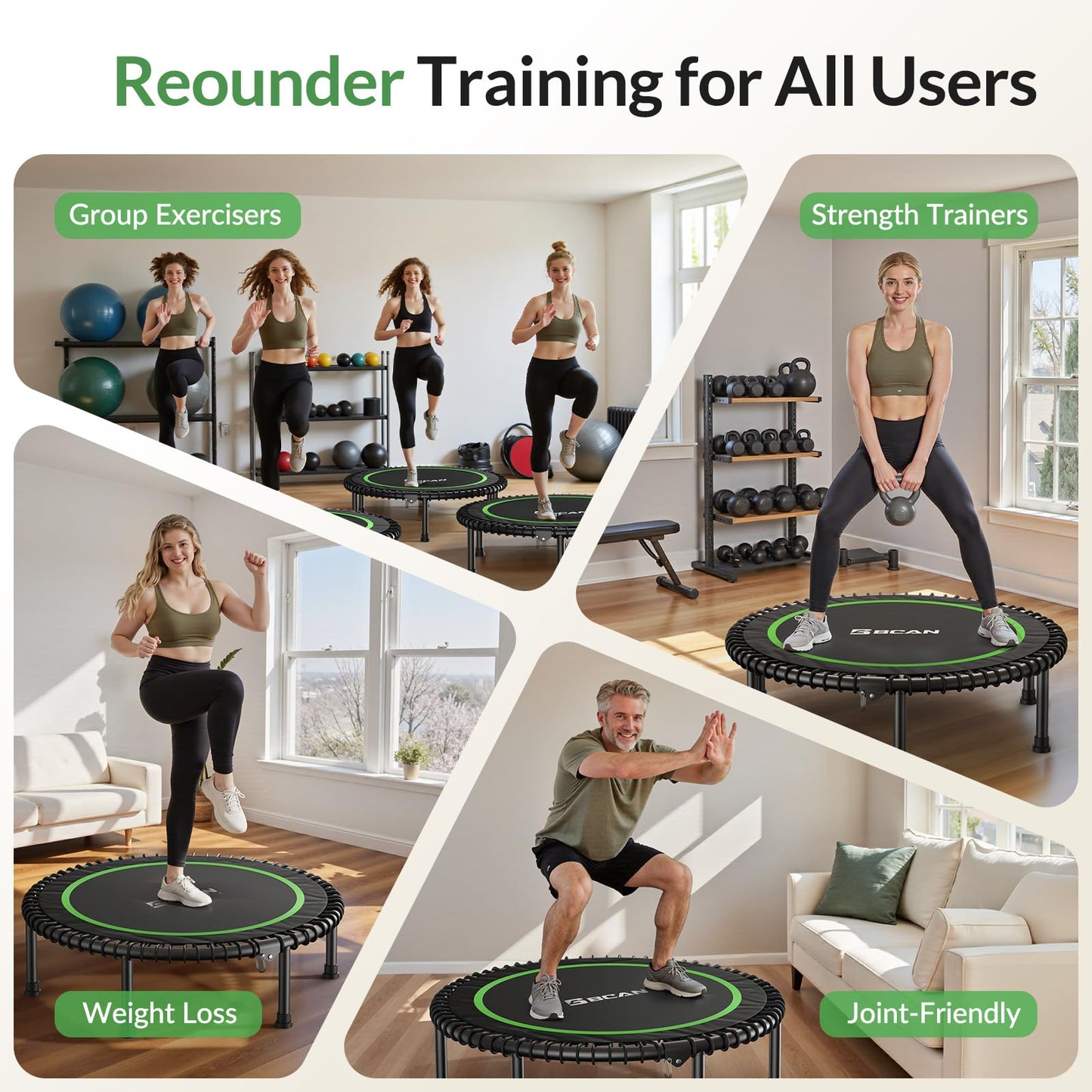 BCAN 40" Adult Fitness Trampoline with Durable Bungees, Stable & Quiet Exercise Rebounder,Great Mini Trampoline for Indoor/Garden Workout - Green
