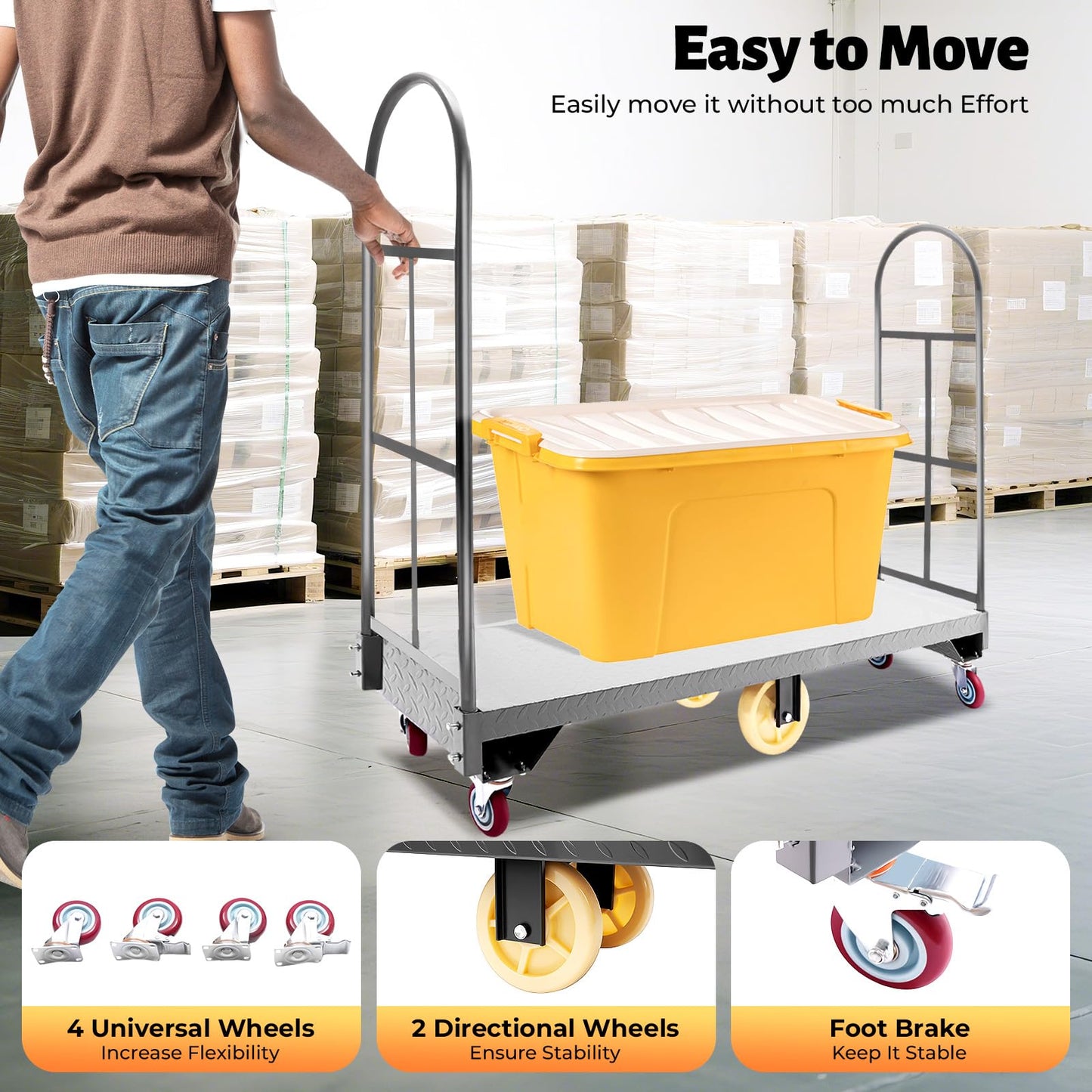 Heavy Duty U-Boat Platform Truck, 64.6"x 15.7"x51.2" Steel Dolly Cart with 2000 lbs Capacity and Removable Side Fences, 6 Wheels and Foot Brake (64.6"x 15.7"x51.2")
