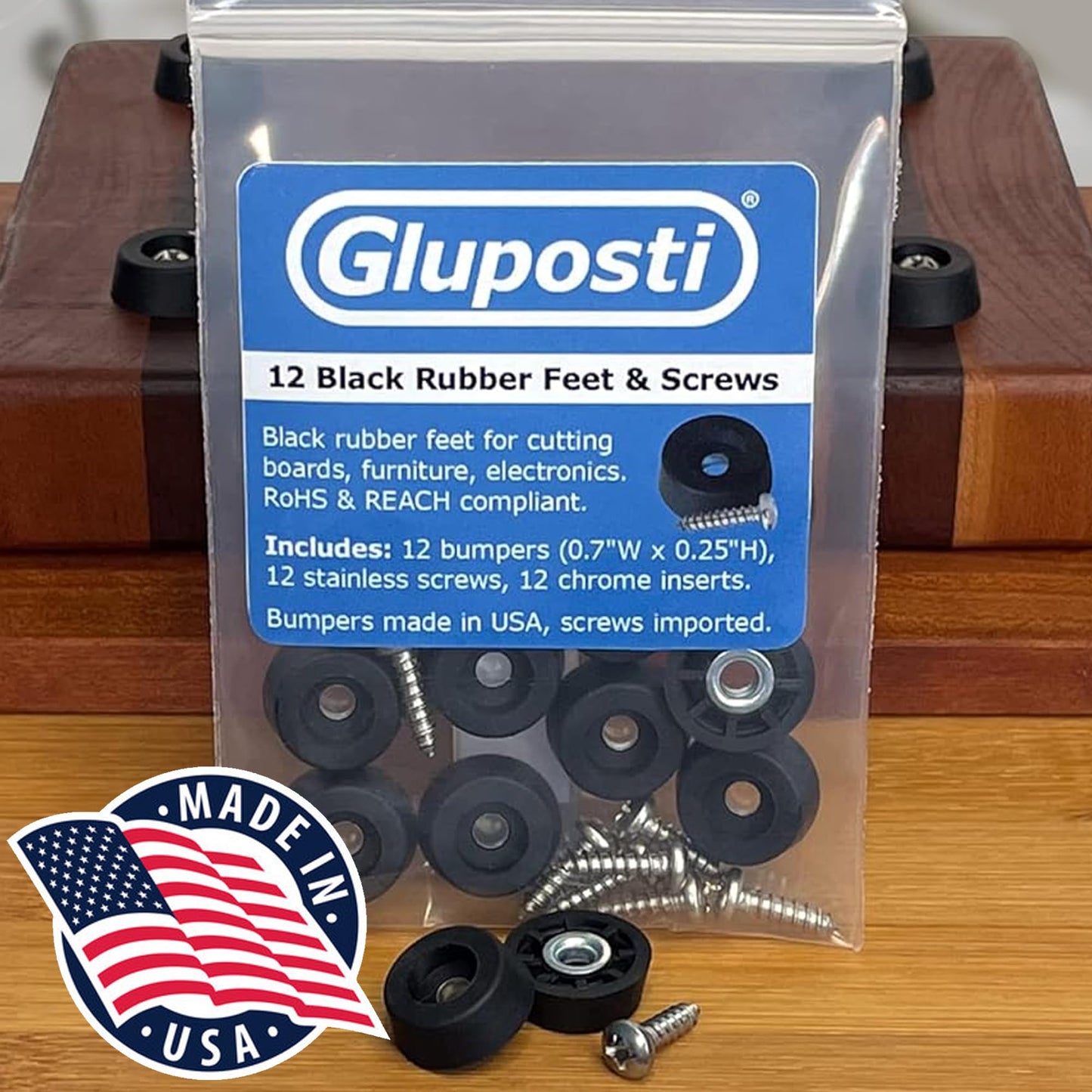 Gluposti 12 Rubber Feet for Cutting Board, Soft Non-Slip Cutting Board Feet with Stainless Screws for Electronics & Furniture, 0.67" W x 0.25" H, Made in USA