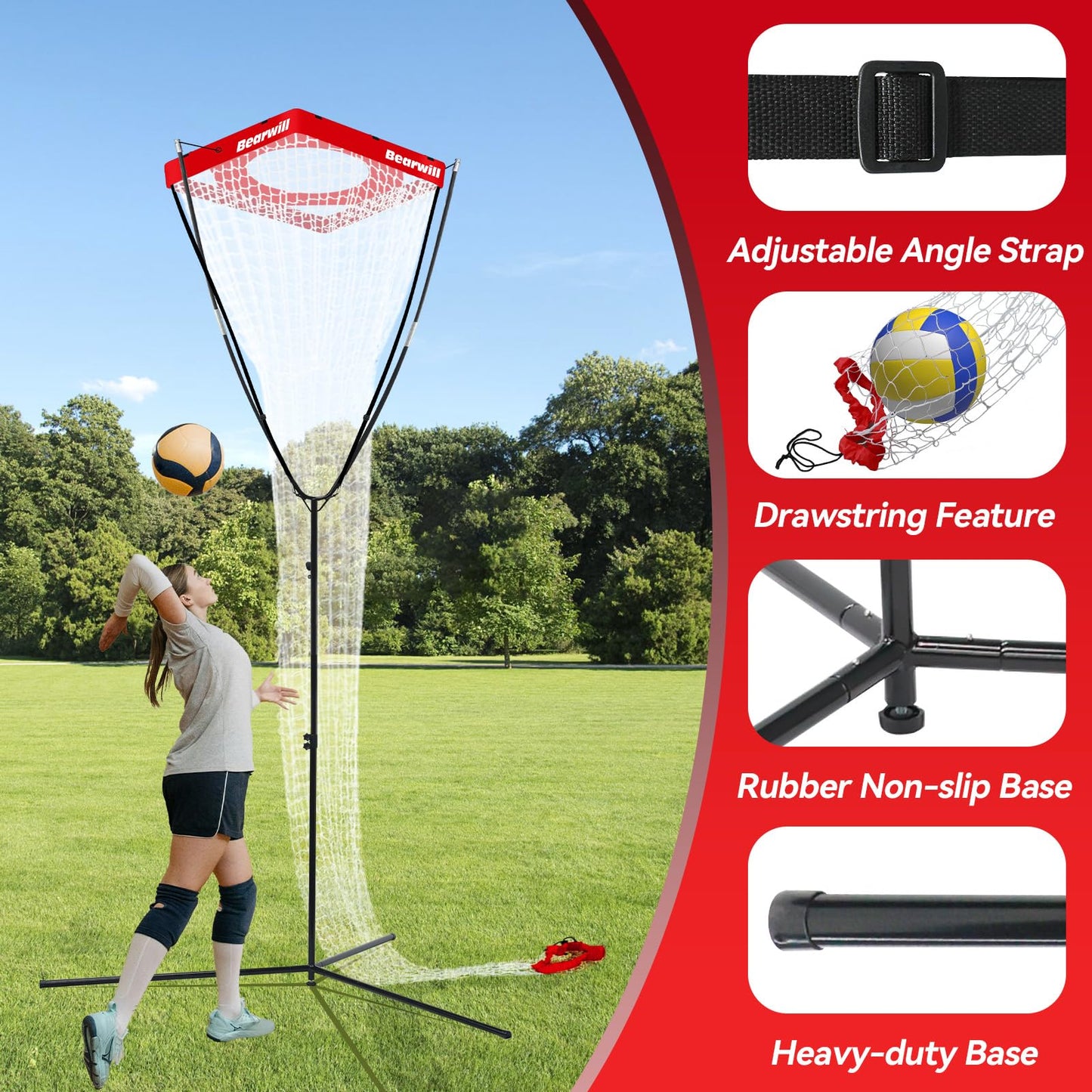Bearwill Volleyball Setter Trainer Net, Volleyball Training Equipment Adjustable Angle Height 8-13 FT Setter Net, Indoor Outdoor Volleyball Practice Net System for Serving, Spiking and Setting
