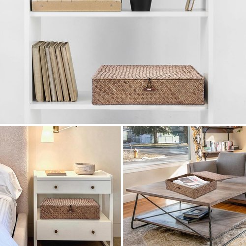 Hipiwe Seagrass Storage Basket - Woven Wicker Bin with Lid for Home Organization | Coffee X-Large