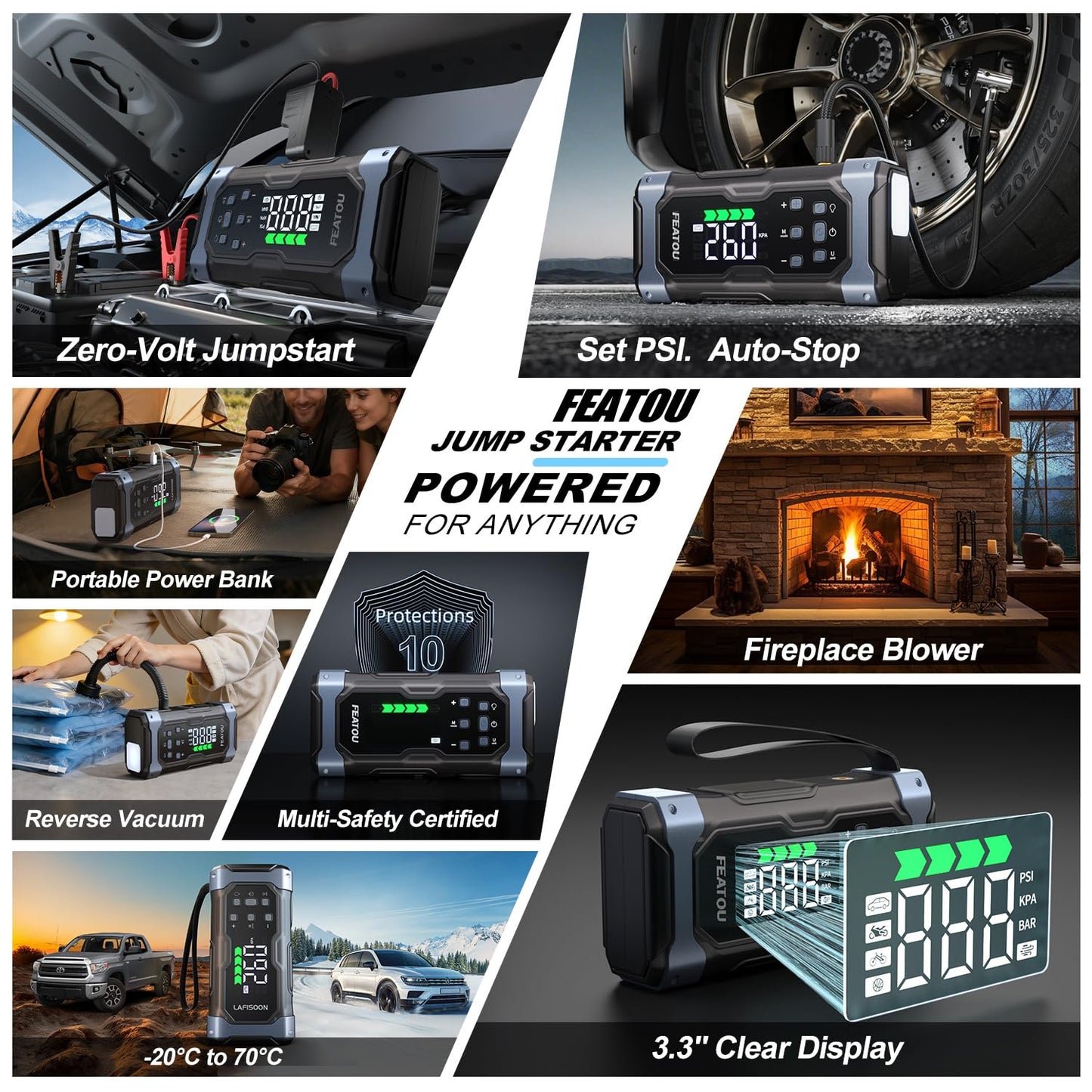 High-Power 9000A Jump Starter with Air Compressor, 12V Car Battery Jump Starter, Portable Jump Box for Car(All Gas/14L Diesel) with Tire Inflator, PD 30W Fast Charge, Forced Boost Battery Jumper