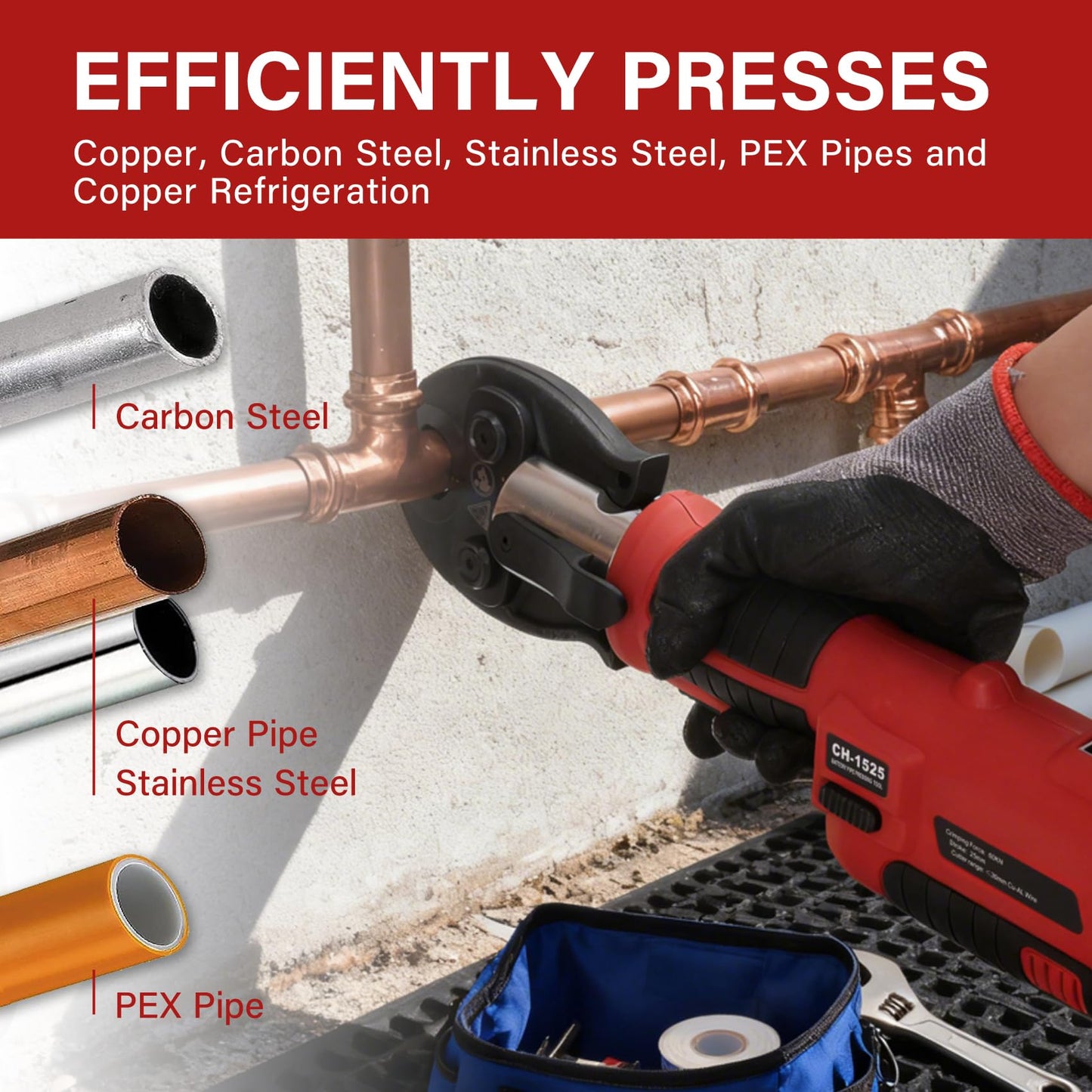 18V 50kN Pro Press Tool, Electric Pipe Crimper with 1/2", 3/4", 1" Jaws Hydraulic Battery Copper/Stainless Steel Tubes Crimping Tools, Brushless Motor, 2x5AH Batteries, Fast Charger & Carrying Case
