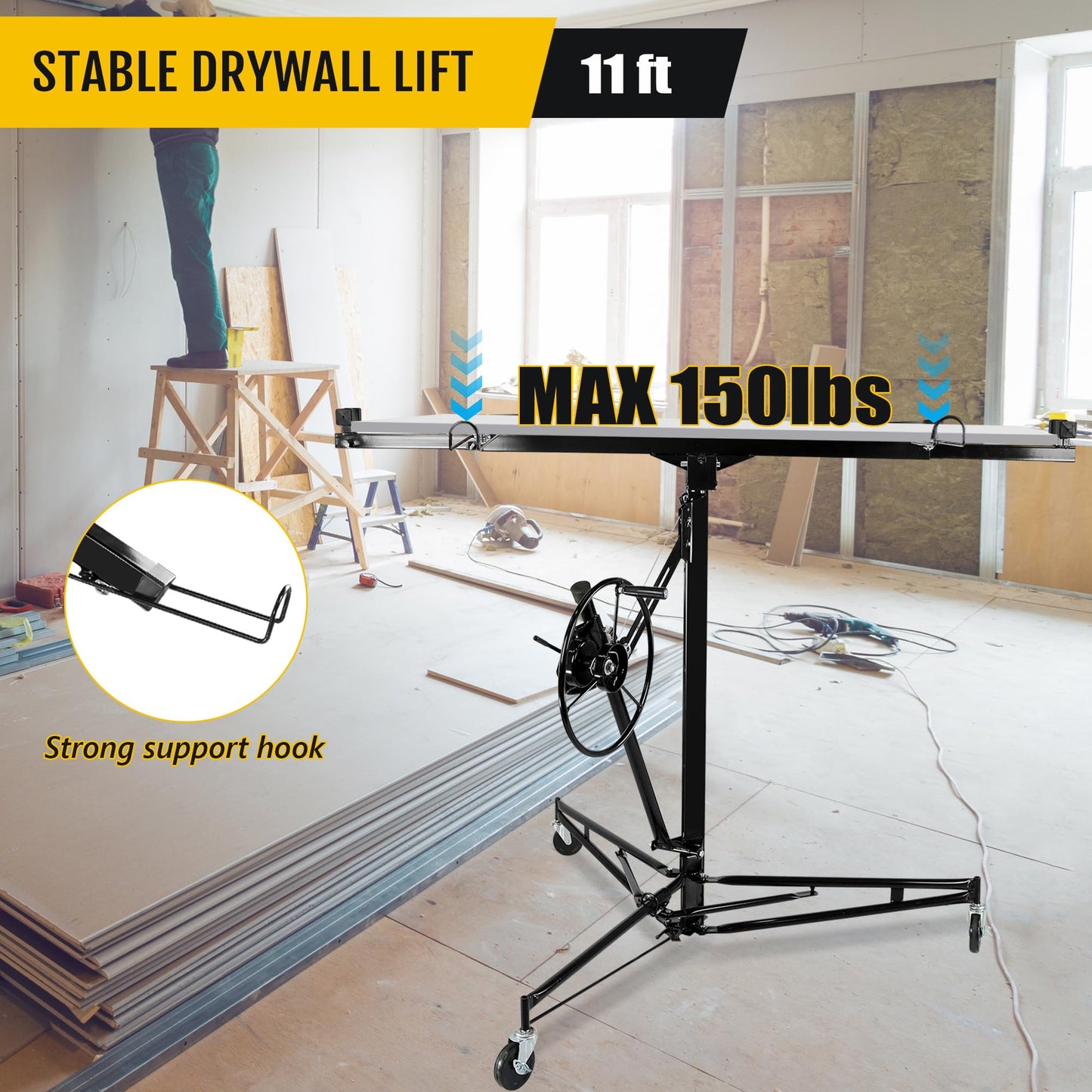 Drywall Lift, 150lb Drywall Lift Jack with Wheels - 11FT Adjustable Steel Sheetrock Hoist for Ceiling & Wall Installation - Heavy Duty Panel Lifter for Pros & Homeowners