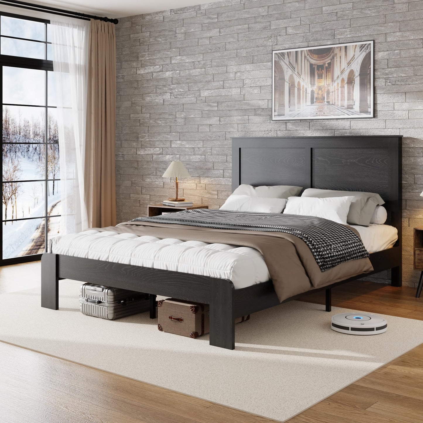 Full Size Wood Platform Bed Frame with Metal Structure, Industrial Style Bed with Wood Slats Support, No Box Spring Needed, Noise-Free Design, Large Underbed Storage, Easy Assembly, Dark Brown