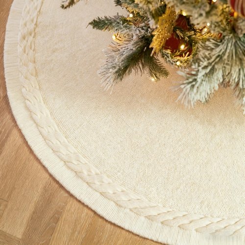 48 inches White Knitted Christmas Tree Skirt: Thick Cable Knit Round Cream Tree Skirt for 6-8FT Tree Rustic Neutral Farmhouse Christmas Decor Tree Base Cover Xmas Home Decorations
